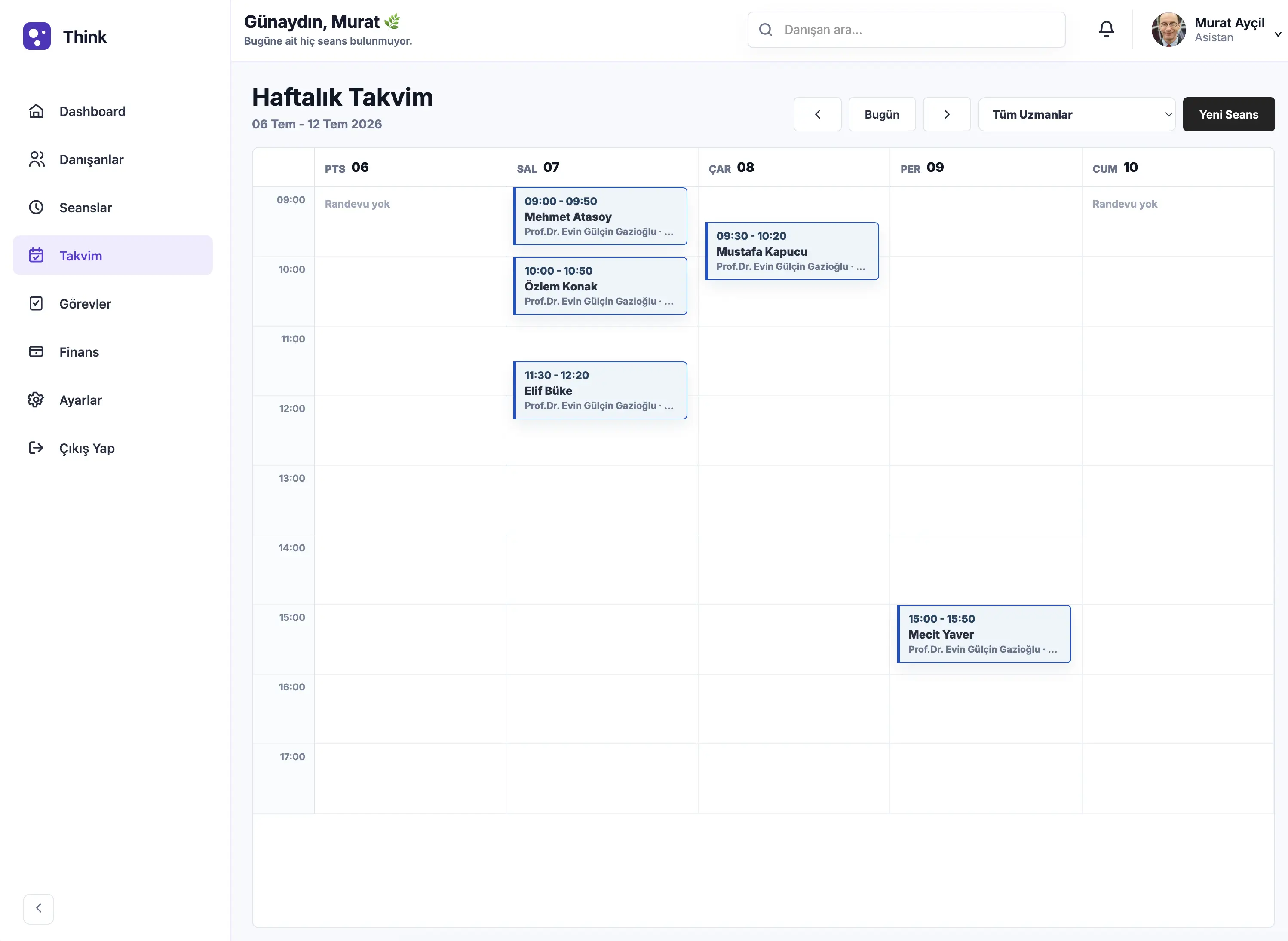 Weekly appointment calendar screen in the Think app