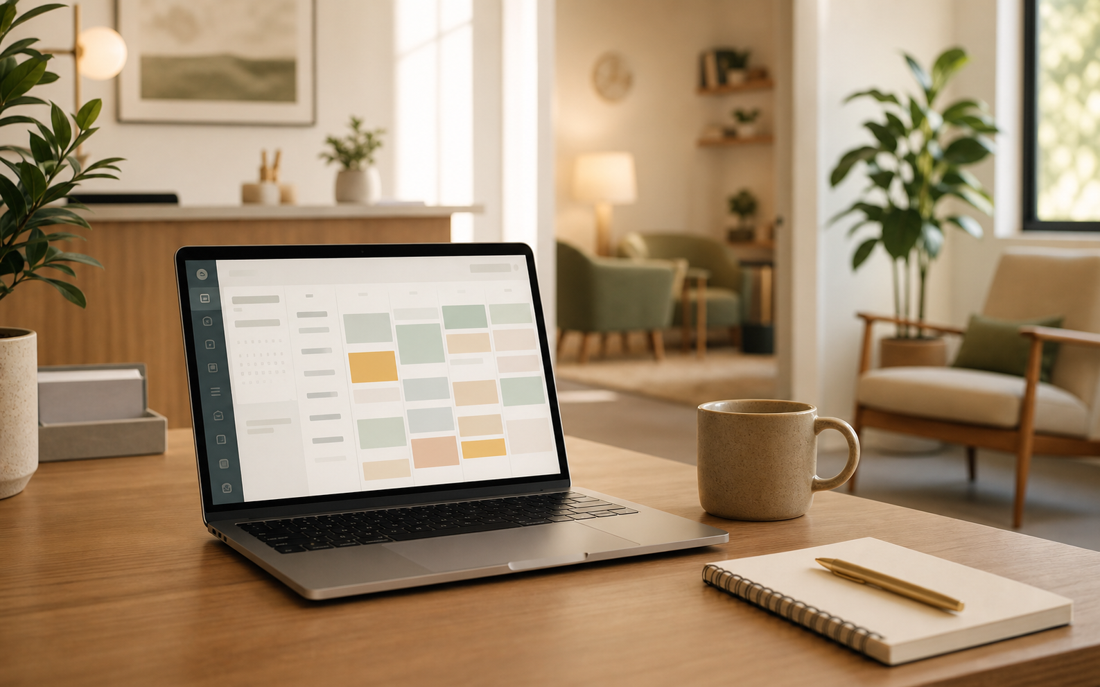 Laptop showing a scheduling interface in a calm clinic workspace
